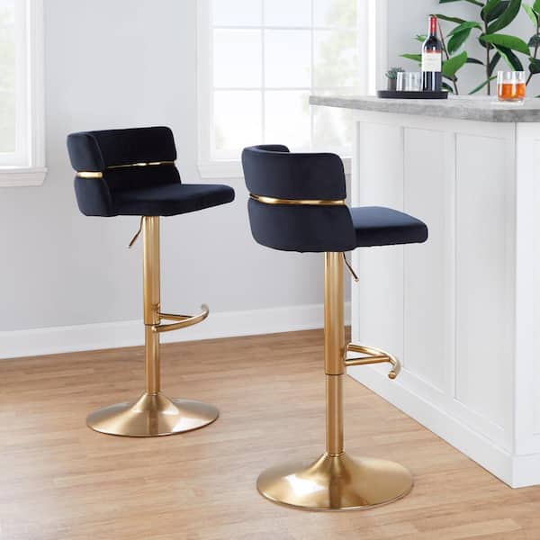 Lumisource Cinch 32.5 in. Black Velvet and Gold Metal Adjustable Bar Stool with Rounded T Footrest (Set of 2)