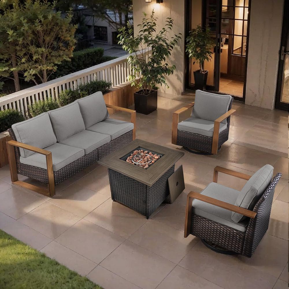 CubeEdge 4-Piece Brown Wicker Fire Pit Conversation Set with Olefin Gray Cushions and Couch/ Patio Swivel Chairs price history on PriceWatchPro