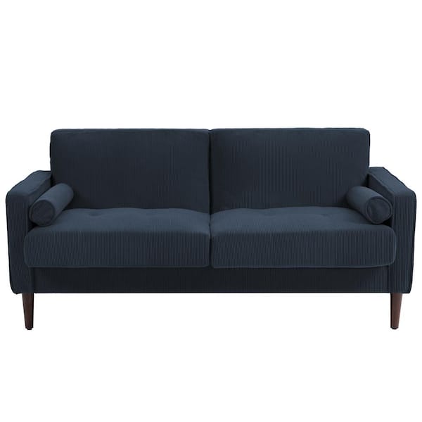 Uixe 63.3 in. Straight Arm Corduroy Fabric Upholstered Rectangle 2-Seater Sofa in. Navy Blue with Wood Legs