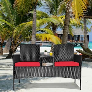 1-Piece Wicker Patio Conversation Set with Red Cushions