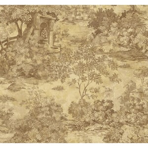 60.75 sq. ft. Metallic Toffee Morin Fountain Toile Unpasted Paper Wallpaper Roll