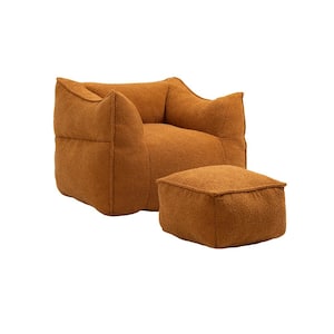 Modern Orange Boucle Square Bean Bag Accent Chair with Ottoman