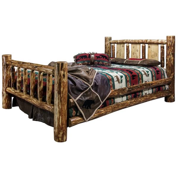 MONTANA WOODWORKS Glacier Brown California King Laser Engraved Wolf Motif Spindle Style Bed