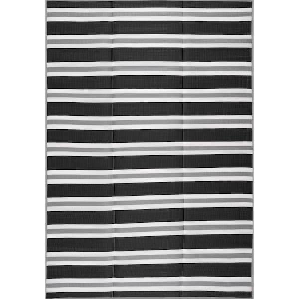 Tayse Rugs Luna Black 6 ft. x 9 ft. Stripes Indoor/Outdoor Area Rug