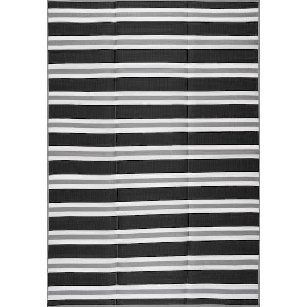 Tayse Rugs Luna Black 8 ft. x 10 ft. Stripes Indoor/Outdoor Area Rug