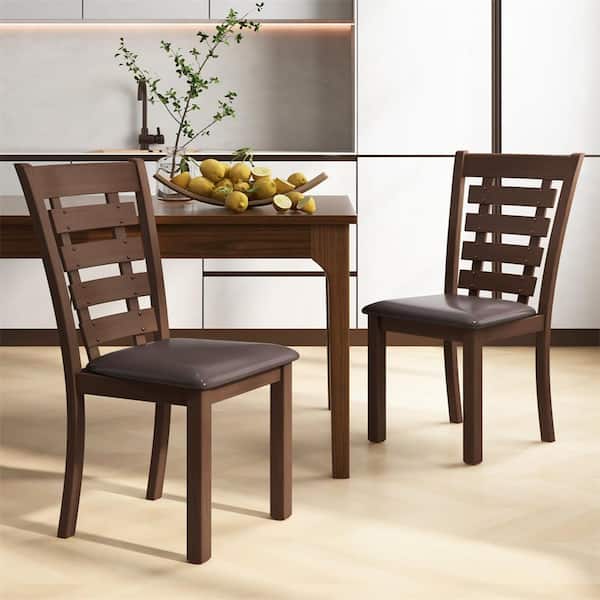 Brown Wood Upholstered Seat and Rubber High Back Dining Chairs (Set of 4)
