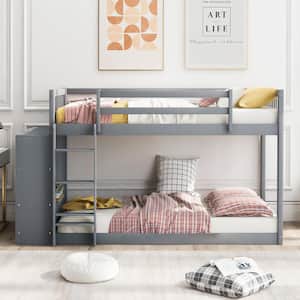 Gray Twin Over Twin Bunk Bed with 4 Drawers and 3-tier Shelves, Low Floor Wood Kids Bunk Bed with Bookcase and Cabinet
