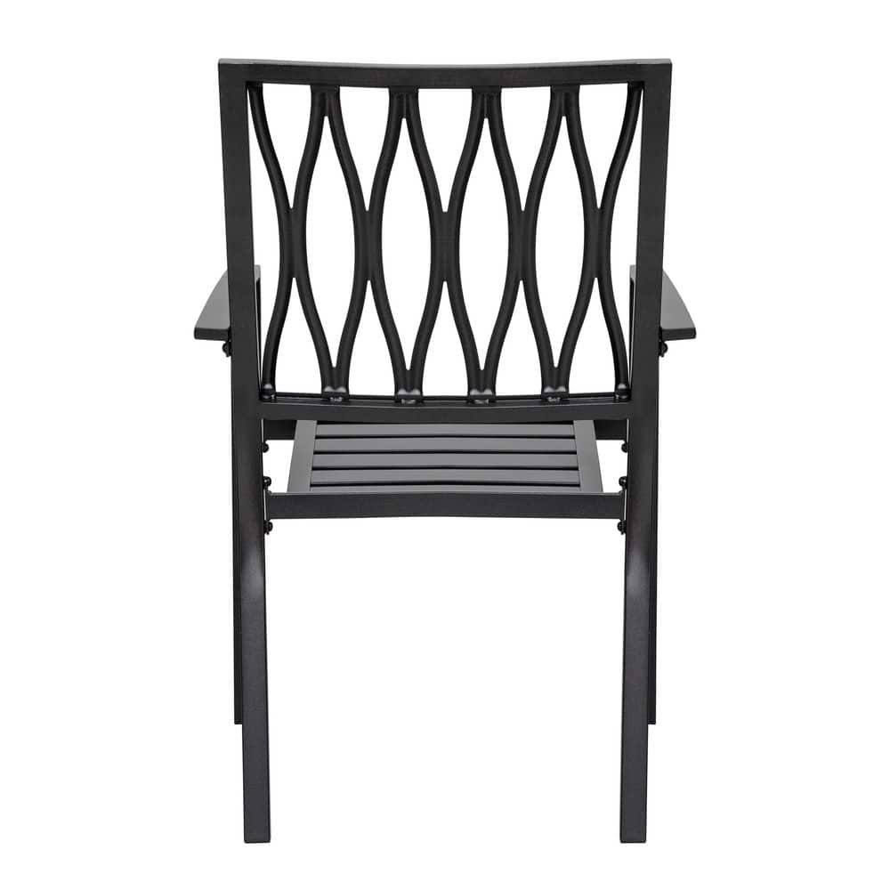Black Iron Stackable Outdoor Patio Chairs with Lattice Design (2-Pack)