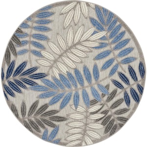 Aloha Gray/Blue 4 ft. x 4 ft. Round Floral Contemporary Indoor/Outdoor Patio Area Rug