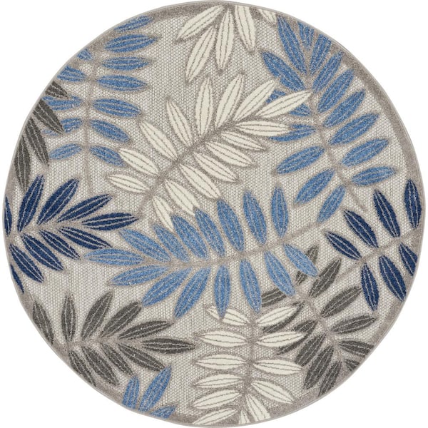 Aloha Gray/Blue 4 ft. x 4 ft. Round Floral Contemporary Indoor/Outdoor Patio Area Rug