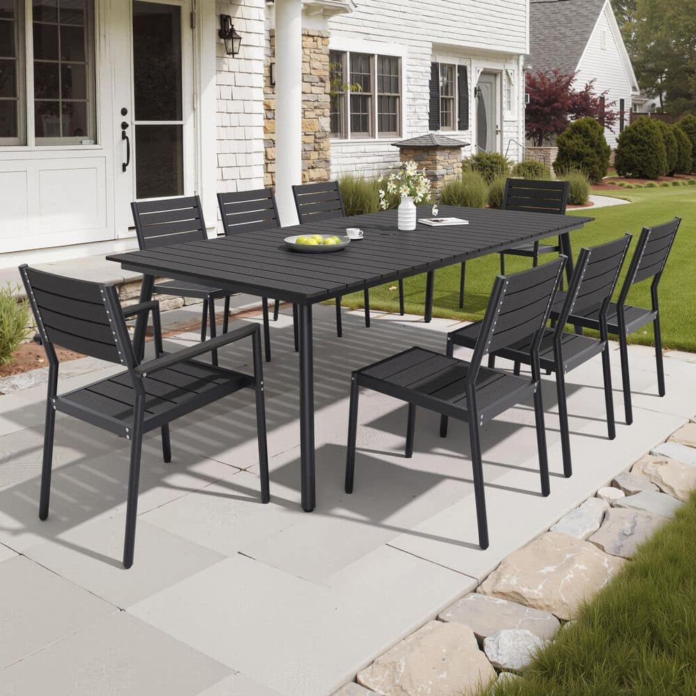 9-Piece Outdoor Polywood Dining Set, Dining Table and 8 High Back Chairs, Aluminum Frame Furniture Set, Black price history on PriceWatchPro