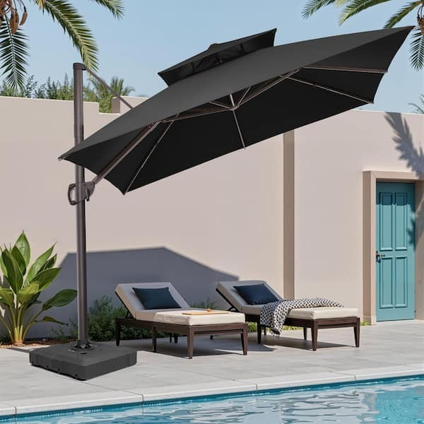 Pellebant 11 ft. x 11 ft. 2-Tier Square Aluminum Cantilever Umbrella Offset 360° Rotation Patio Umbrella in Black with Base