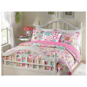 Bloom Flower Power Floral 4-Piece Multi-Color Pink Blue Green Orange Polyester Queen Comforter Bedding Set&Throw Pillow