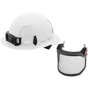 BOLT White Type 1 Class C Full Brim Vented Hard Hat with 4-Point Ratcheting Suspension with Steel Mesh Full Face Shield
