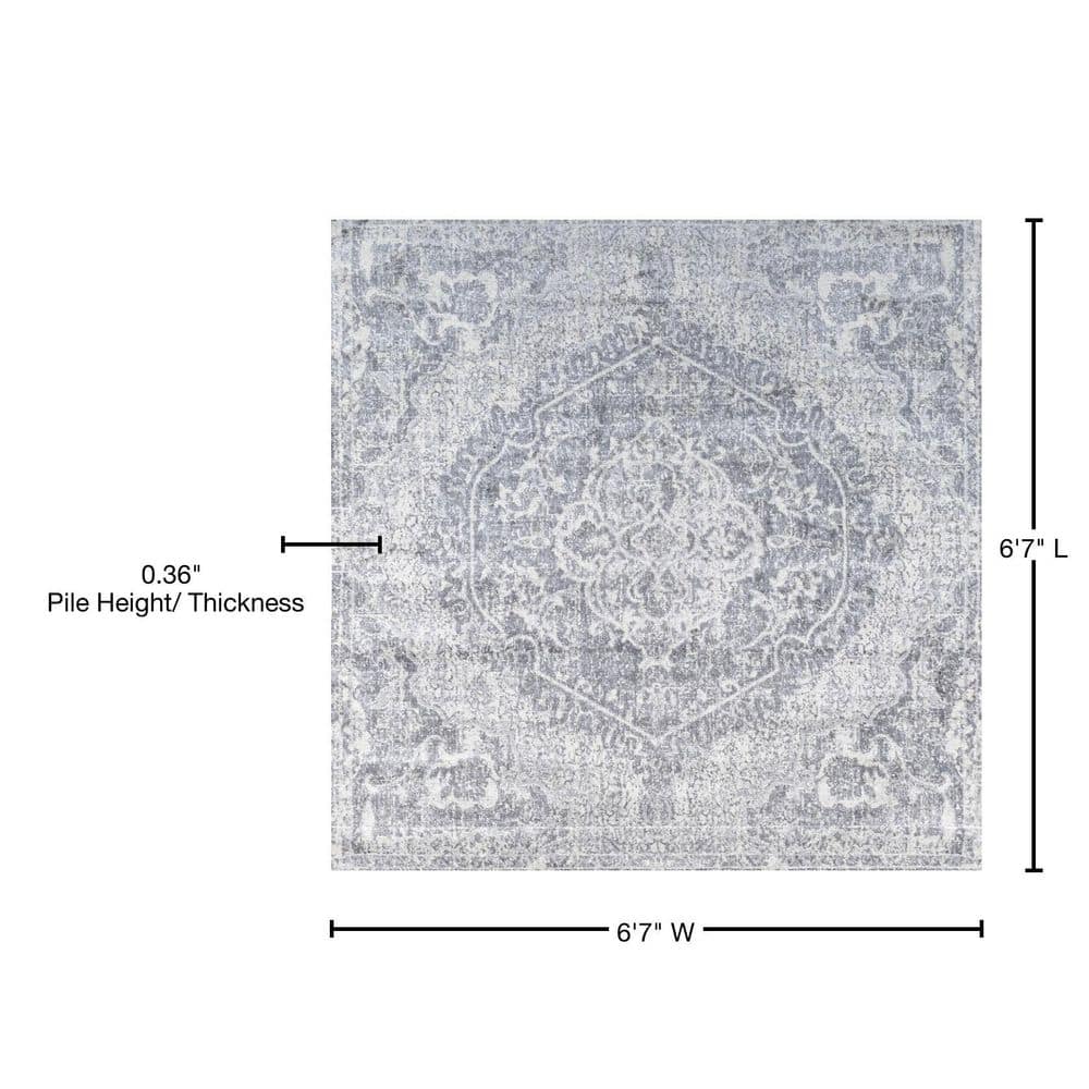 Modern Square 8' Gray and Ivory Synthetic Easy-Care Area Rug