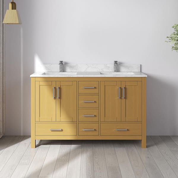 Aeterna 55 in. W x 22 in. D x 34 in. H Double Sinks Freestanding Bath Vanity in Oak w/ White Carrara Cultured Marble Top