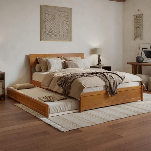 Norla Light Toffee Natural Bronze Wood Frame Queen Platform Bed with Footboard and Twin XL Trundle
