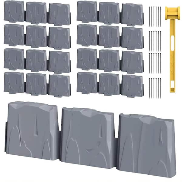 12 Ft 3 In Faux Stone Landscape Edging with 24 8 In Spikes Dark Gray 8 Piece