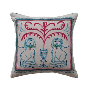 Multicolor Staffordshire Dog Scene Polyester 18 in. x 18 in. Throw Pillow with Embroidery, and Velvet Back
