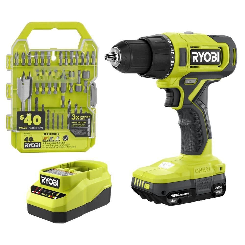 RYOBI ONE+ 18V Cordless 1/2 in. Drill/Driver Kit with 1.5 Ah Battery, Charger, and Drill and Impact Drive Kit (40-Piece) PCL206K1-A98401 - The Home Depot