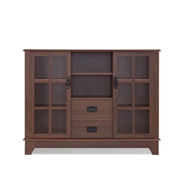 Tileon 6-Shelf Walnut Glass Door Storage Cabinet with Open Space and 2-Drawer