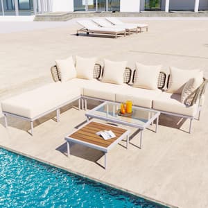 8-Piece White Metal Outdoor Sectional Set with Beige Cushions, Tempered Glass Coffee Table, Wooden Coffee Table