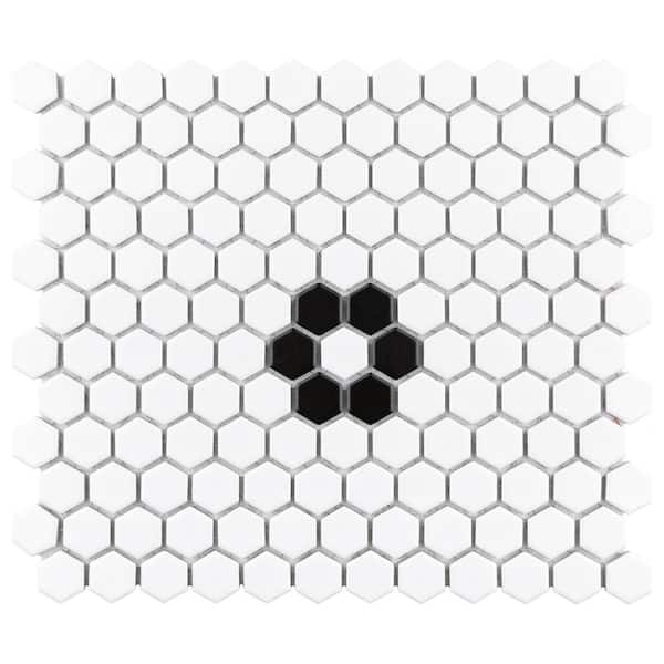 Merola Tile Metro 1 in. Hex Matte White with Single Flower 10-1/4 in. x 11-7/8 in. Porcelain Mosaic Tile (8.6 sq. ft./Case)