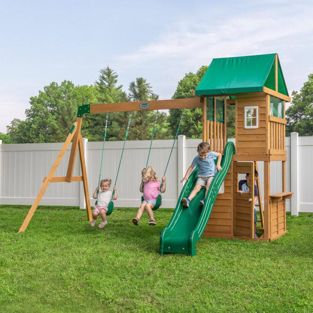 Fall River Nordic Spruce Outdoor Swing Set Playset with Wave Slide, Clubhouse, Playhouse, and Snack Bar Window price history on PriceWatchPro