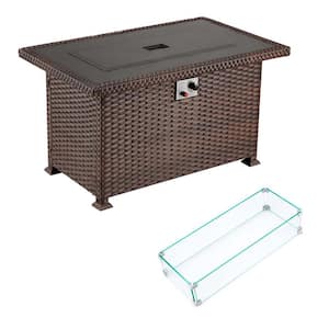 44 in. Brown Wicker 50,000 BTU Outdoor Fire Pit Table With Glass Wind Guard