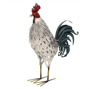 Metal White Feathered Rooster Decor