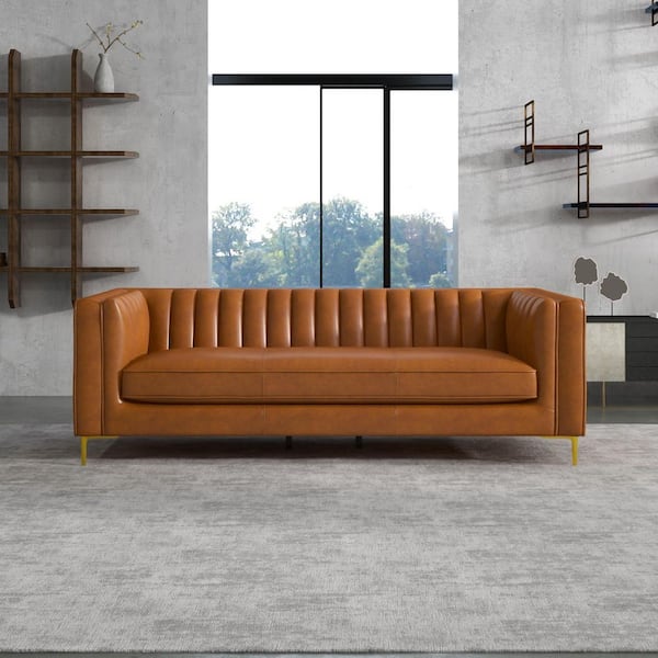 Angelina Channel Tufted Cognac Leather Sofa