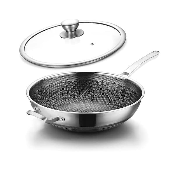 Hybrid Nonstick Wok Pan 14 in. Silver Stainless Steel Deep Skillet Even-Heat Stay-Cool Handle Induction Safe with Lid