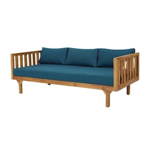 67.75 in. 3-Seater Teak Acacia Wood Outdoor Bench, Water Resistant Cushions and Slat Panel Seating with Blue Cushion