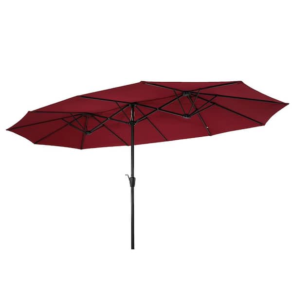 Unbranded 15 ft. Steel Market Double-Sided Rectangular Patio Umbrella in Burgundy with Crank