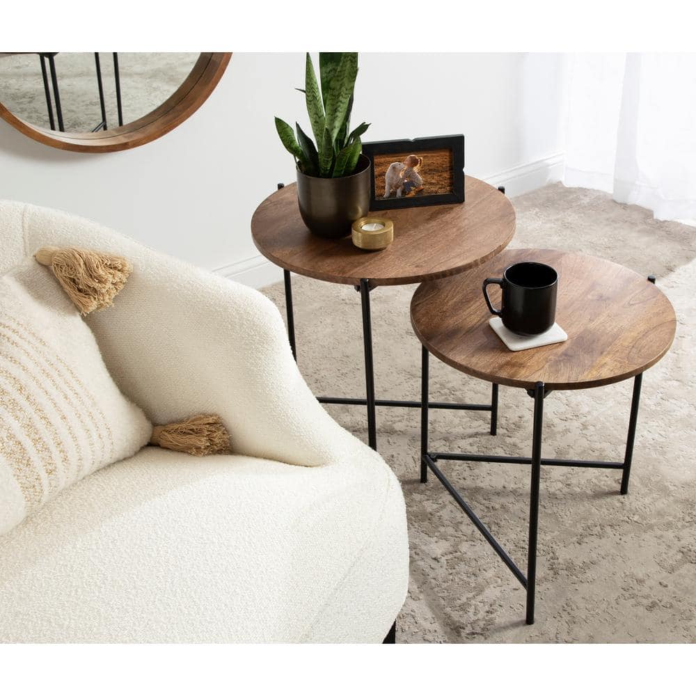 Ulani Natural Wood and Black Metal Round Nesting Tables