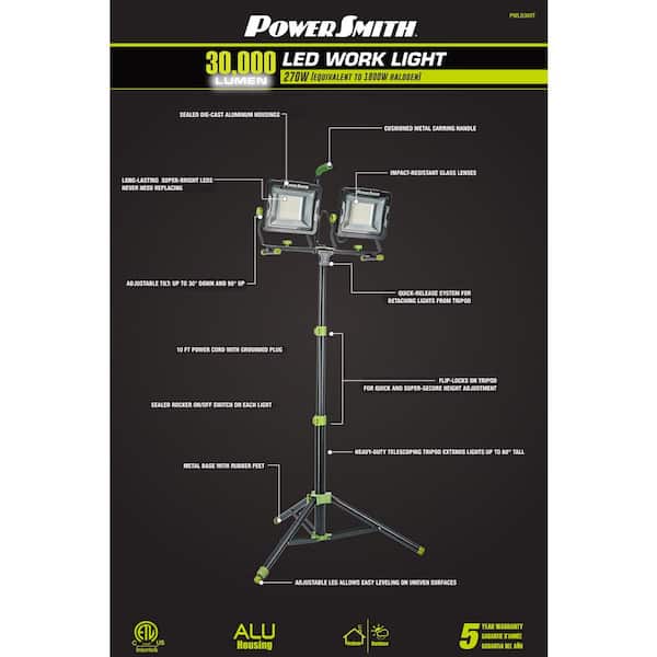 PowerSmith 30,000 Lumens Dual-Head LED Work Light with Tripod PWLD300T  The Home Depot