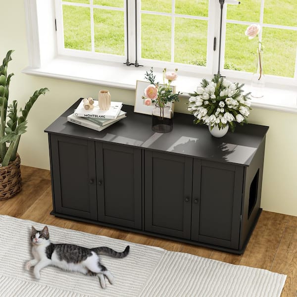 FUFU&GAGA Modern Cat Litter Box Enclosure for 2 Cats, Hidden Litter Box Furniture, Indoor Cat Storage Bench for Living Room, Black