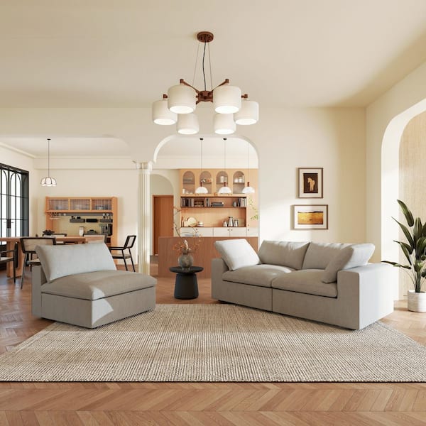 Solid Wood 118 in. Square Arm Deep Seat Linen 3-Piece Cloud Modular Sectional Sofa in Gray for Living Room Apartment