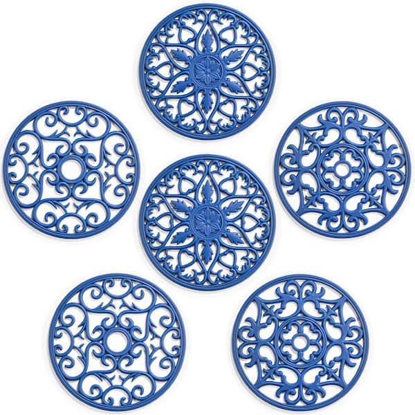 8 in. Round Silicone Navy Blue Trivet Mat Set, Heat Resistant Pot Holders, 6-Pack