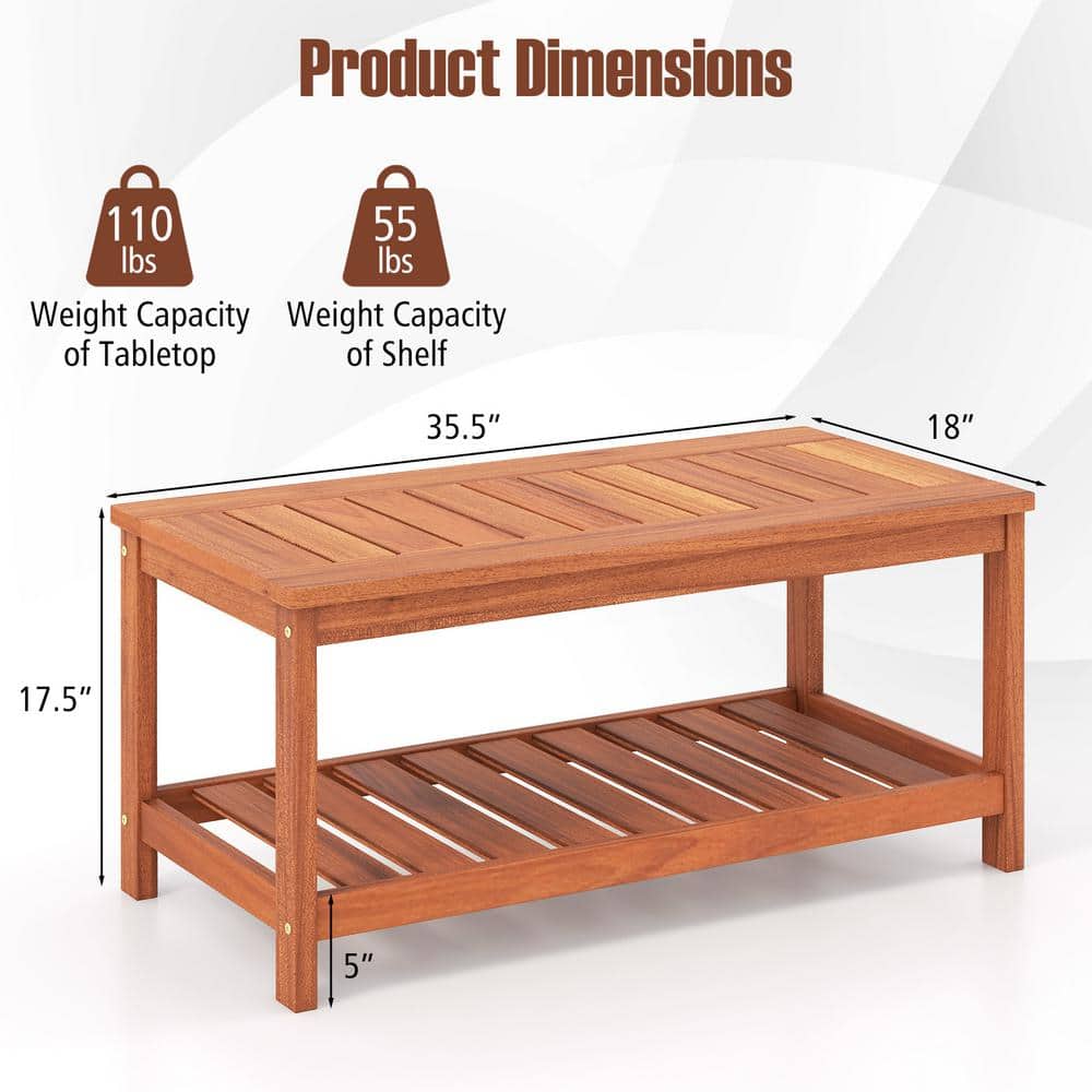 Natural Hardwood 2-Tier Outdoor Coffee Table with Slatted Shelf