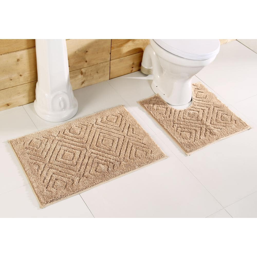 Trier Collection 2-Piece Beige 100% Cotton Diamond Pattern Bath Rug Set - 2