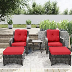 5-Piece Wicker Outdoor Patio Conversation Set with Red Cushions, Ottomans and Side Table