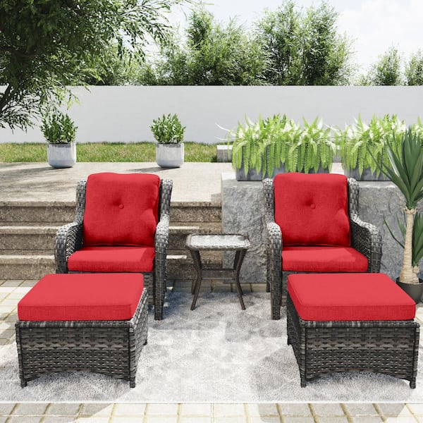 Gardenbee 5-Piece Wicker Outdoor Patio Conversation Set with Red Cushions, Ottomans and Side Table