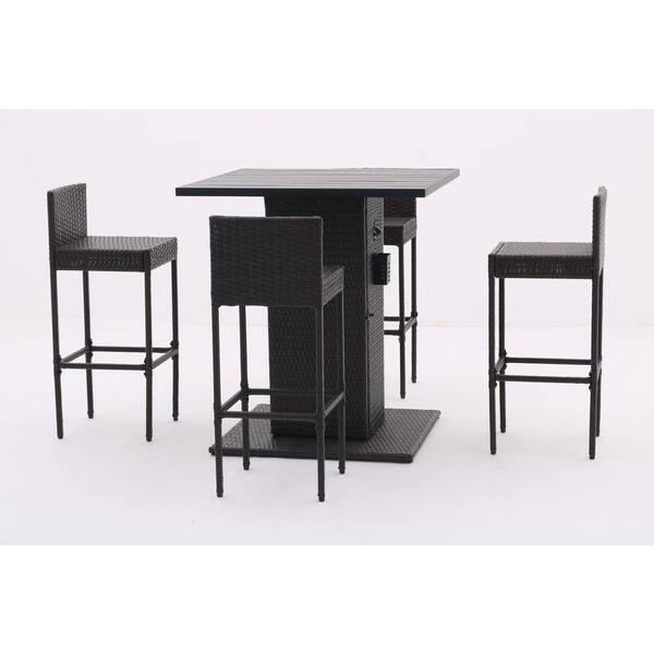 Unbranded 5 Pieces Dark Coffee Metal Frame Outdoor Bistro Conversation Bar Set with Metal Tabletop and Stools for Patios Garden