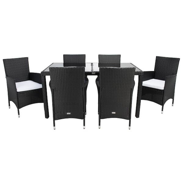 Jolin Black 7-Piece Wicker Outdoor Patio Dining Set with White Cushions