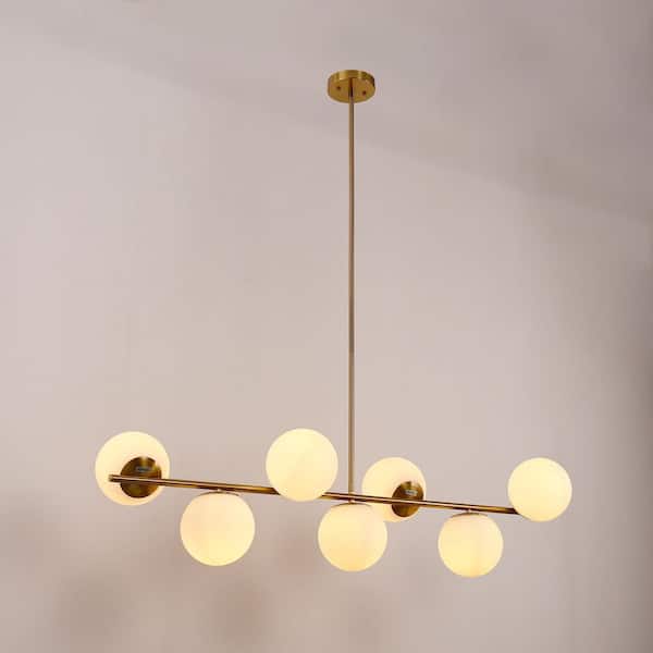 Briignite 7-Light Gold Metal Pendant Chandelier with White Globe