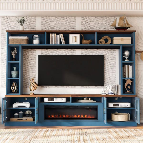 95 in. Freestanding Fireplace TV Stand w/ 39 in. Electric Fireplace insert, Adjustable Shelves for TVs up to 80 in. Blue