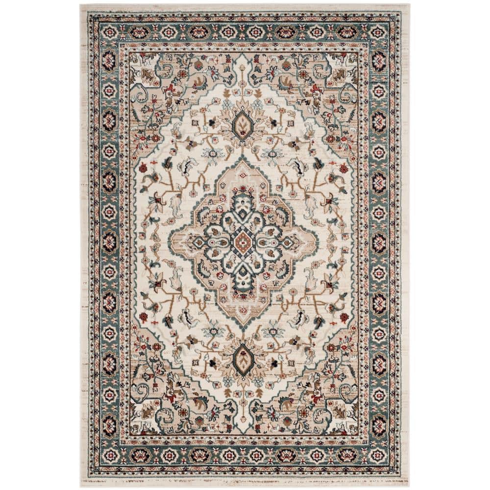 Cream and Beige Traditional Floral Area Rug with Border