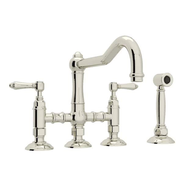 Two Handle Bridge Kitchen Faucet with Sidespray in Polished Nickel