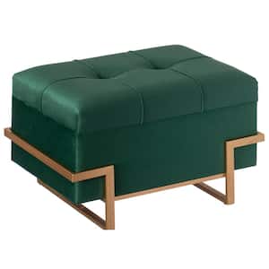 Green Small Rectangle Velvet Storage Ottoman Stool Box with Abstract Golden Legs, Decorative Sitting Bench